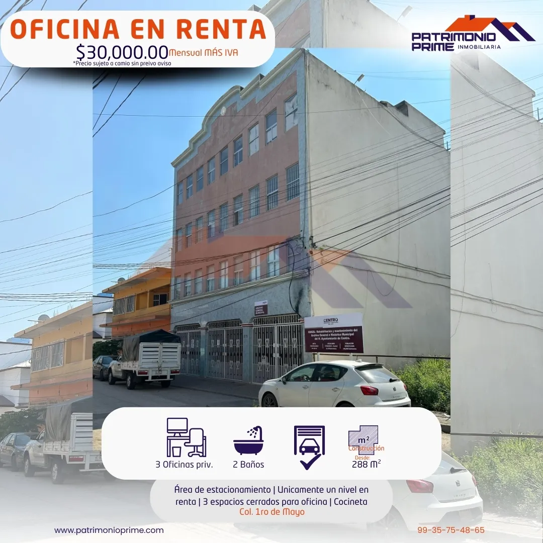 oficina en renta en villahermosa con 3 espacios privados y estacionamiento